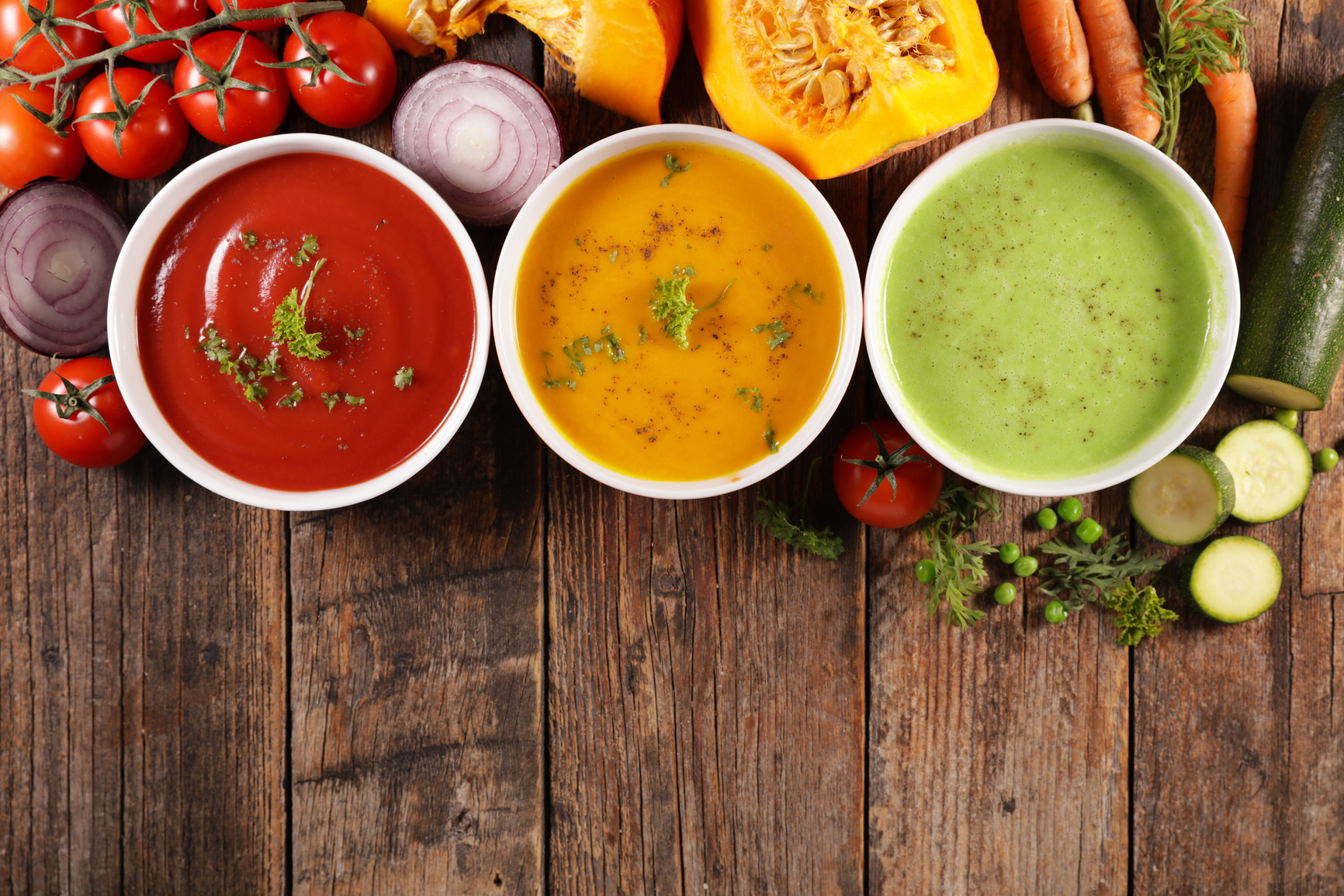 vegetable soup, carrot soup- tomato soup and zucchini soup